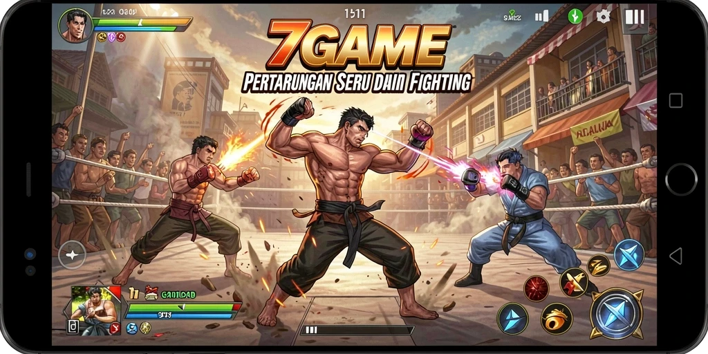 Screenshot menampilkan pertarungan epik dalam 7GAME dengan karakter yang sedang bertarung.