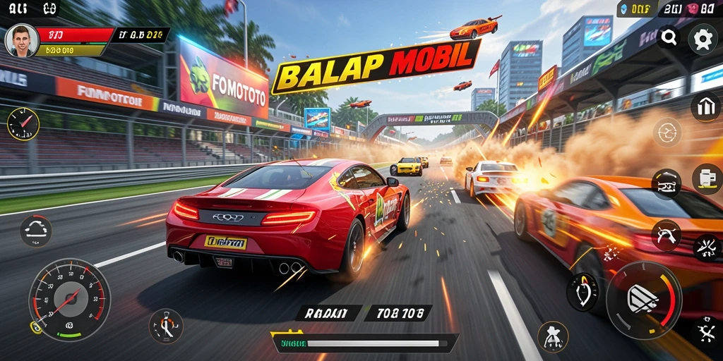 Gameplay mendebarkan di FOMOTOTO dengan aksi balap yang intens.
