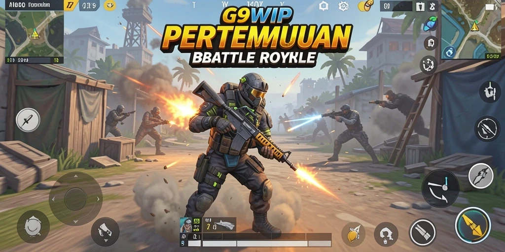 Screenshot gameplay G9VIP menampilkan aksi pertempuran seru di arena Battle Royale.
