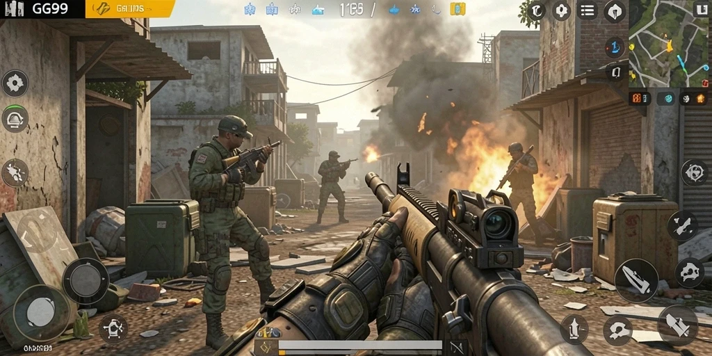 Screenshot GG99 menunjukkan aksi tembak-menembak yang intens dalam TPS.