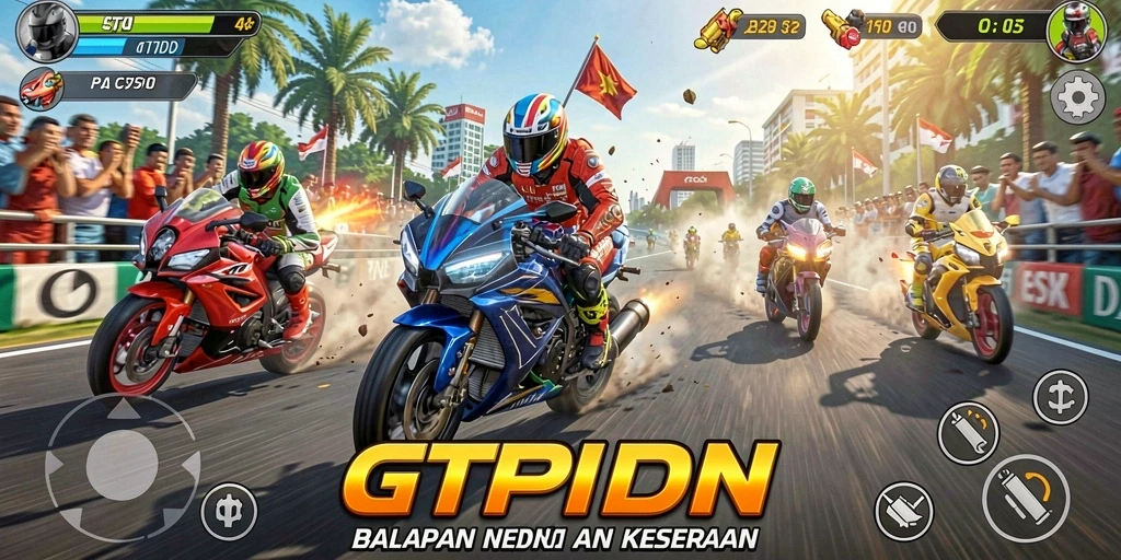 Screenshot utama GTPIDN menampilkan aksi balapan motor yang menegangkan dan mendebarkan.
