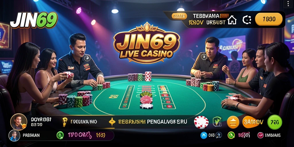 Screenshot utama JIN69 menampilkan dealer langsung dalam permainan Live Casino.