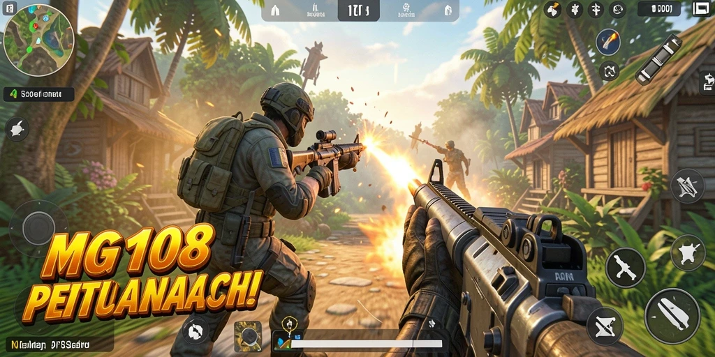 Gameplay MG108 yang menegangkan dengan berbagai karakter dan senjata.