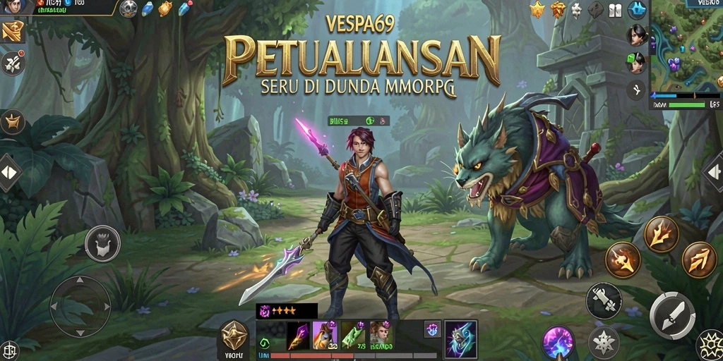 Screenshot gameplay VESPA69 menampilkan pertempuran epik di dunia fantasi.